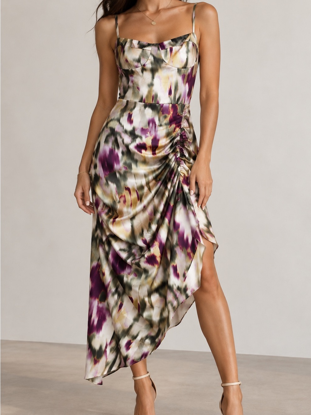 CIDER XL Satin Abstract Print Ruched Midi Dress Corset Y2K Draped Party